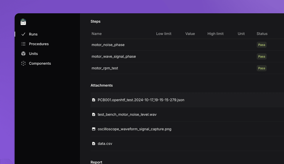 Attachments section on the OpenHTF run page, showing options to open files in the browser or download them with TofuPilot integration.