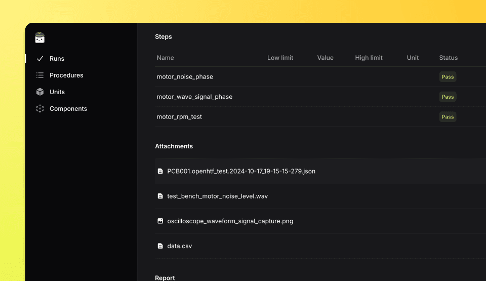 Attachments section on the OpenHTF run page, showing options to open files in the browser or download them with TofuPilot integration.